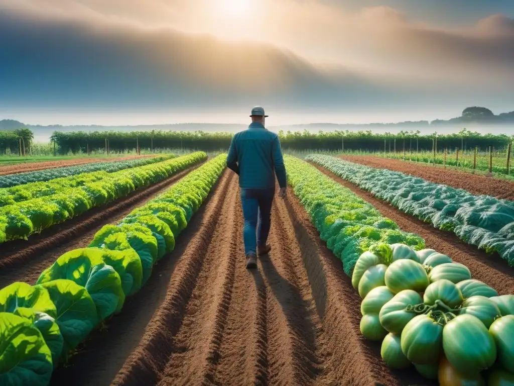 Manos recolectando tomate maduro en huerto de frutas y verduras bajo cielo azul