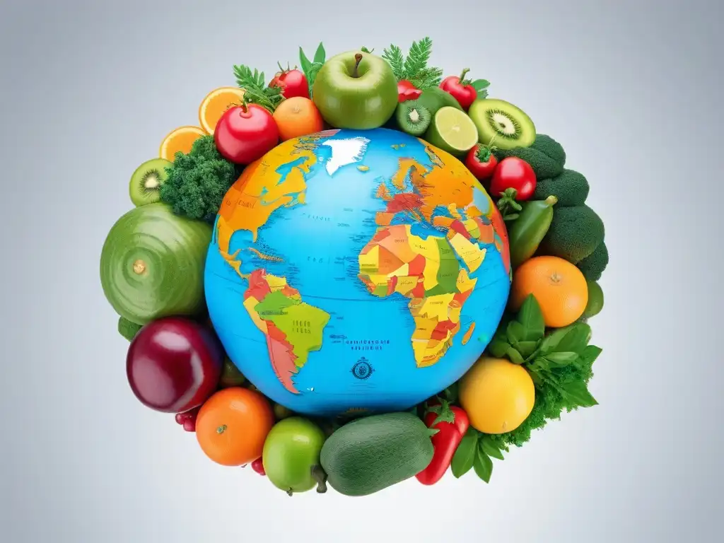 Mapa mundial vegano detallado hecho con frutas y verduras, destacando la diversidad de cenas veganas temáticas internacionales recetas