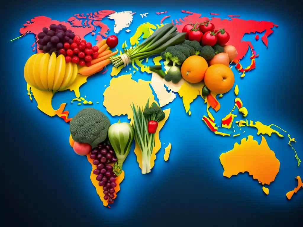 Un mapa mundial vibrante y detallado hecho con frutas y verduras coloridas, mostrando el impacto de las dietas basadas en plantas en la geopolítica