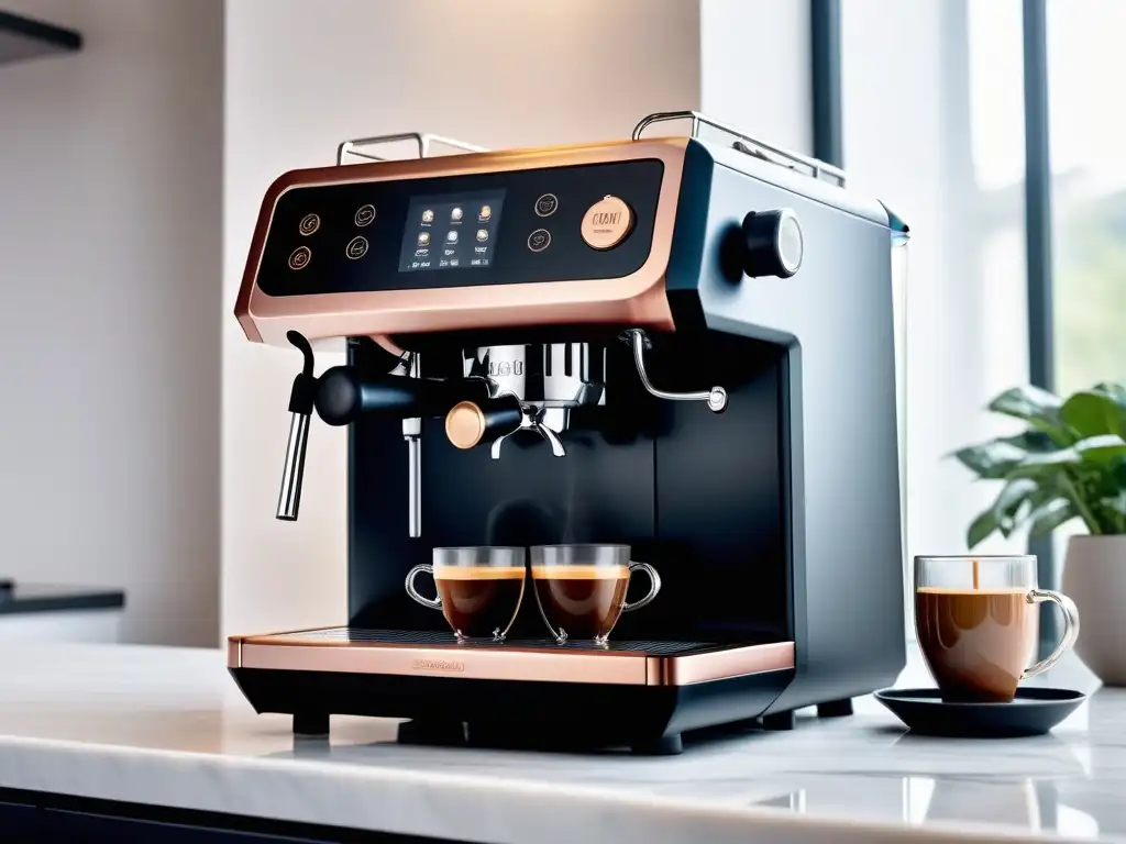 Máquina de espresso vegano de alta gama en elegante diseño negro mate y detalles en oro rosa, sobre encimera de mármol con accesorios y granos de café, iluminada por luz natural