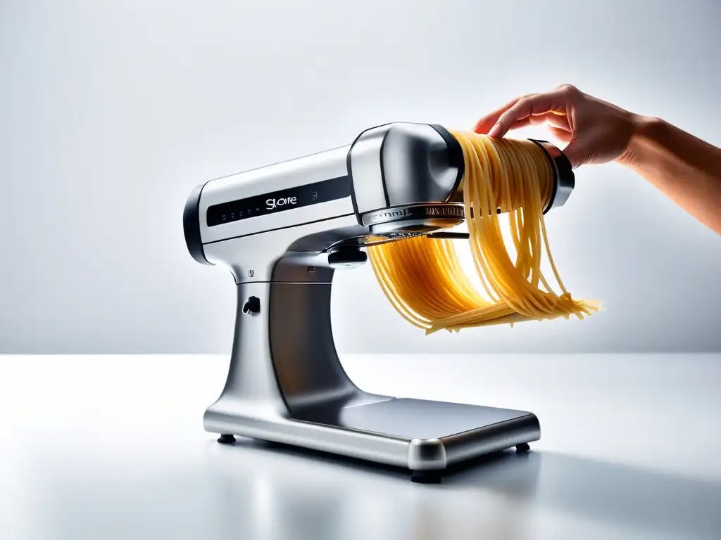 Máquina moderna para hacer pasta vegana, detalle ultrafino resalta calidad y precisión