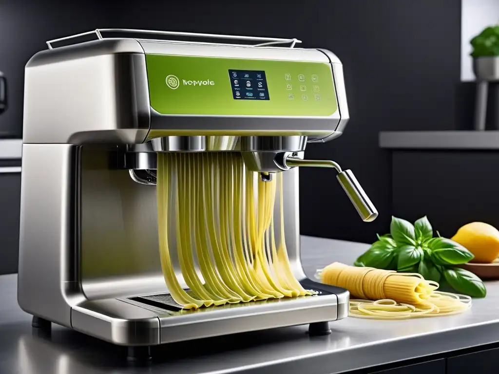 Máquina pasta vegana comprar: equipo moderno, acero inoxidable, pasta verde de espinacas, diseño sofisticado en cocina minimalista