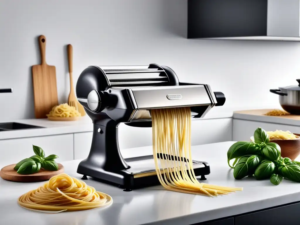 Máquina de pasta vegana moderna y elegante en acero inoxidable con display digital y ajustes para distintos tipos de masa, en cocina contemporánea