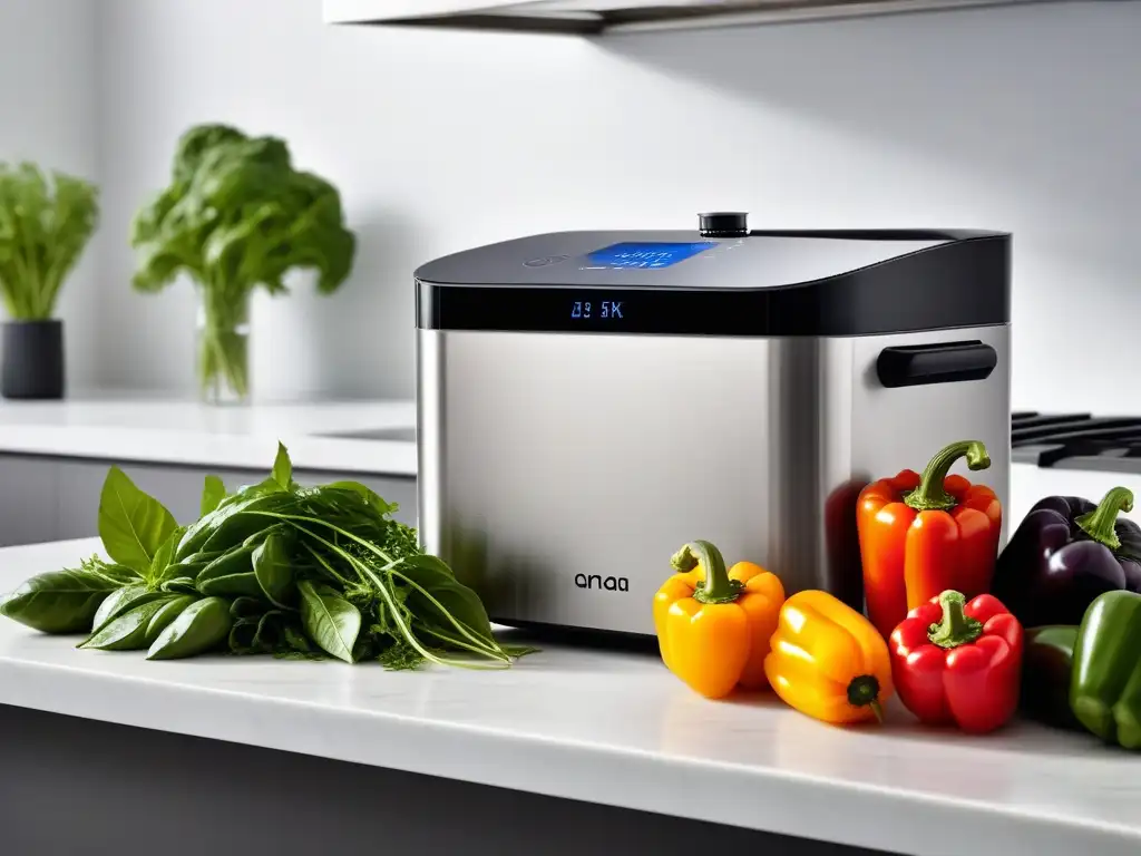 Una máquina sous vide futurista rodeada de vegetales frescos en una cocina vegana