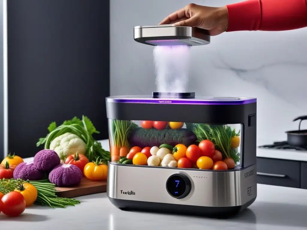 Una máquina de cocina sous vide rodeada de vegetales frescos, con técnicas cocina vegana baja temperatura