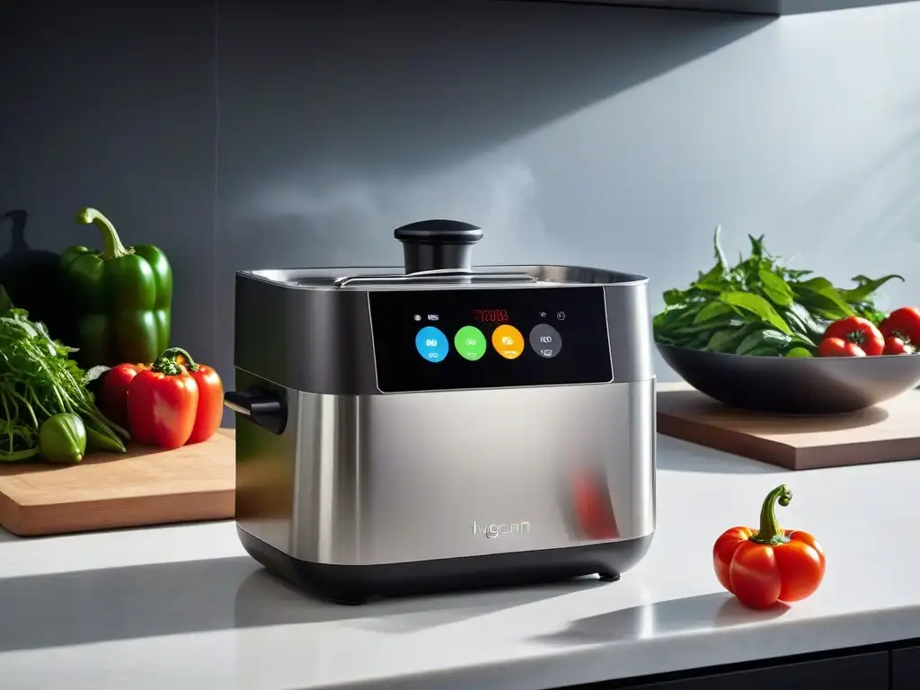 Maquina de sous vide rodeada de vegetales frescos en cocina minimalista