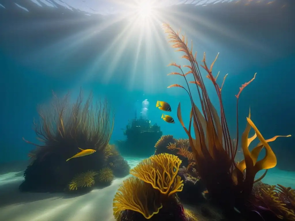 Maravilloso bosque de algas submarino con beneficios del consumo de algas, colores vibrantes y vida marina en movimiento