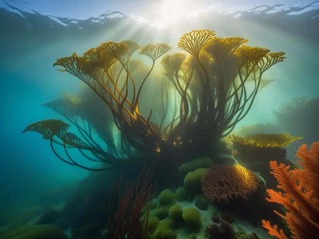 Maravilloso bosque de algas submarino iluminado por el sol, destacando la biodiversidad