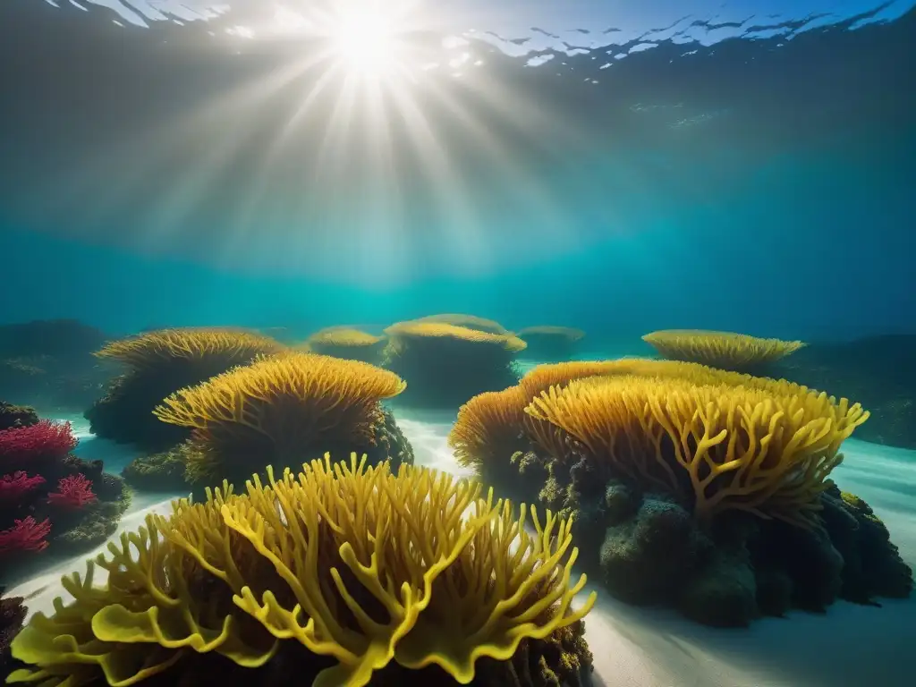 Maravilloso bosque submarino de algas vibrantes, iluminado por el sol