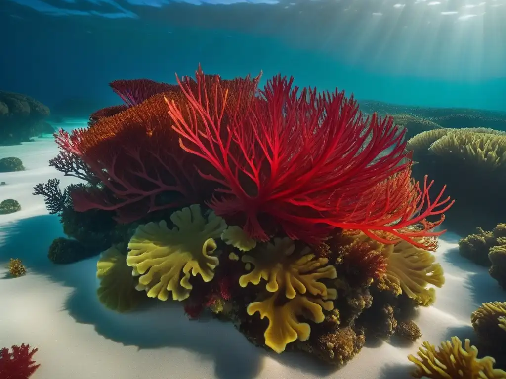 Maravilloso ecosistema submarino con algas marinas veganas en vibrantes tonos verdes, marrones y rojos bajo el agua cristalina