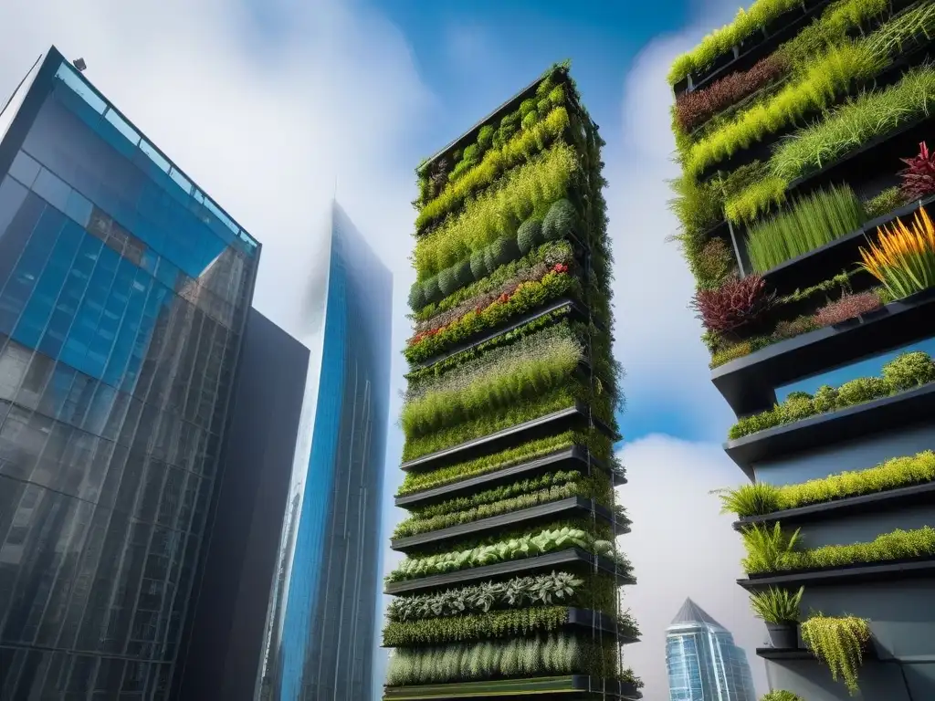 Maravilloso jardín vertical futurista con tecnologías para cultivo vegano urbano