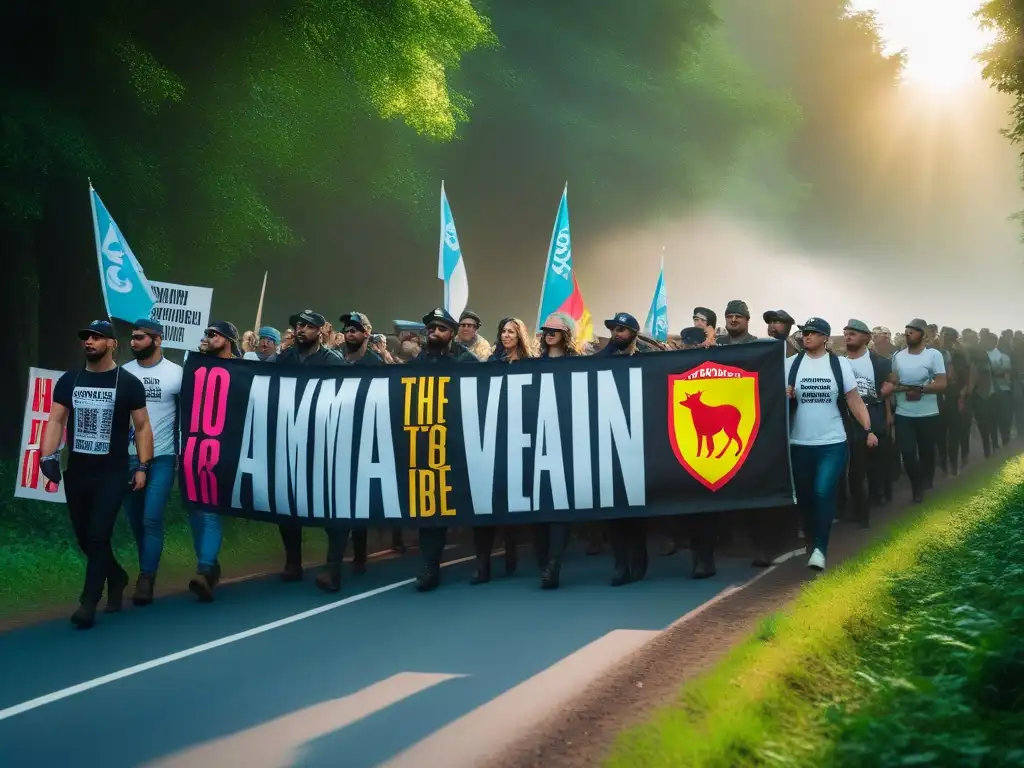 Marcha pacífica por el veganismo y derechos animales en el bosque con activistas y animales, simbolizando la conexión