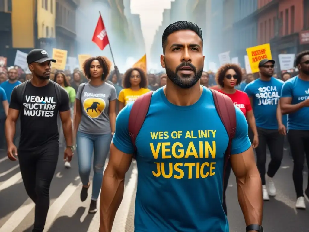 Una marcha vibrante y diversa de activistas con mensajes empoderadores sobre veganismo y justicia social en camisetas, unidos y solidarios en la lucha por un mundo mejor