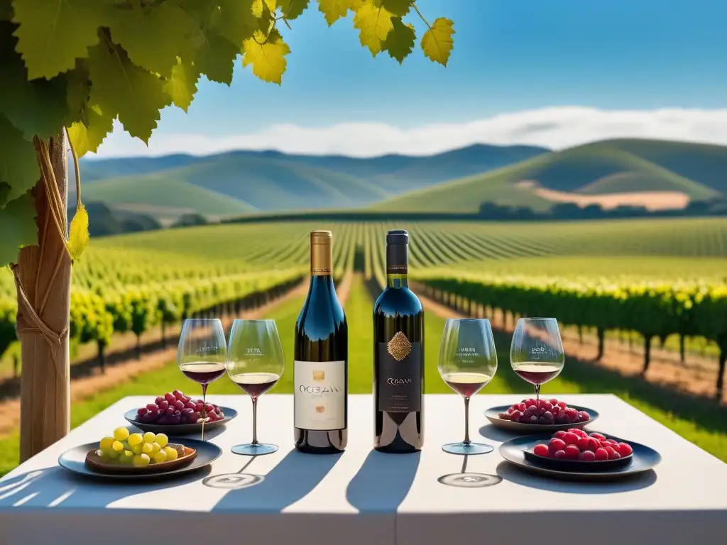 Maridaje vinos veganos Oceanía en mesa de cata lujosa al aire libre entre viñedos verdes y cielo azul