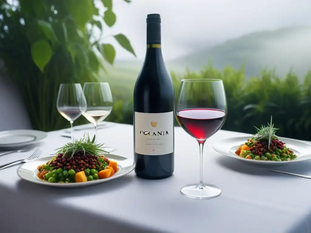 Maridaje de vinos veganos Oceanía en mesa elegante con platos veganos y botellas exquisitas