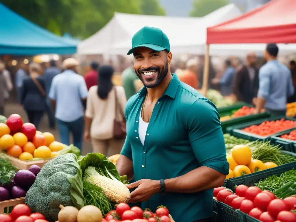 Marketing para productos veganos: Grupo diverso disfruta de frutas y verduras frescas en un animado mercado de agricultores
