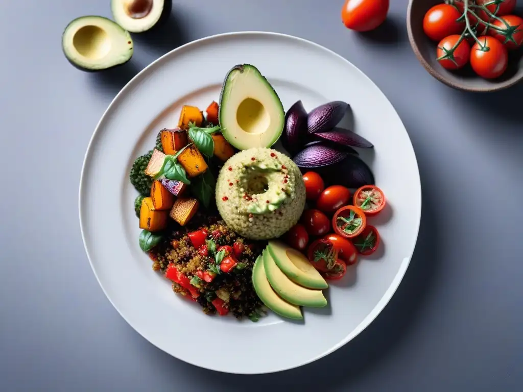 Menú vegano para alérgicos: Plato colorido con vegetales asados, quinoa y aguacate en plato blanco moderno