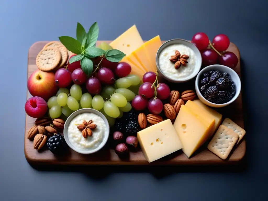 Menú vegano para cenas románticas con tabla de quesos y frutas coloridas en presentación elegante