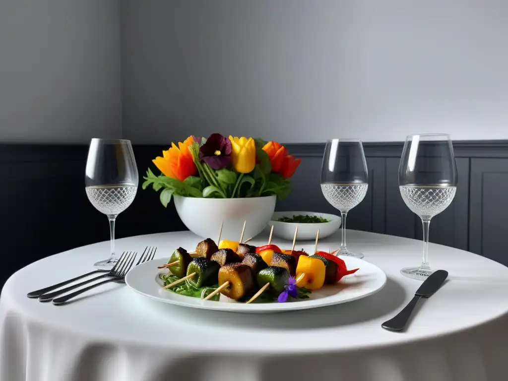 Menú vegano para cenas románticas: Mesa elegante con platos blancos, platillos gourmet veganos coloridos y ambiente acogedor