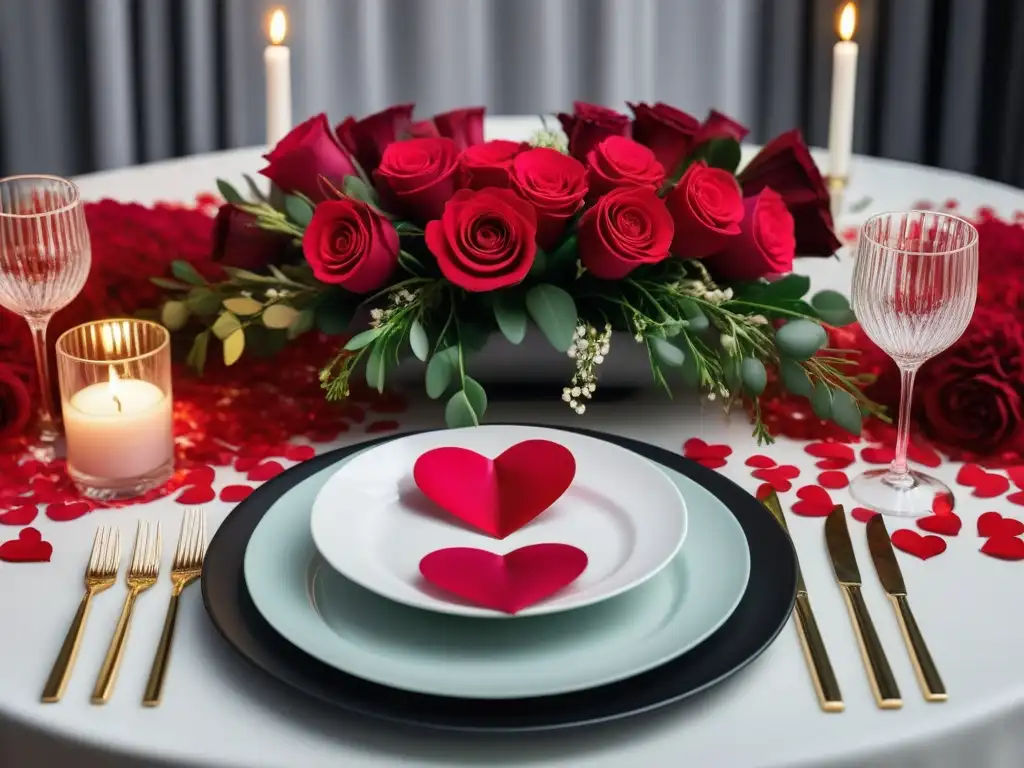 Menú vegano cena San Valentín: Mesa elegante con platos en forma de corazón, velas, flores y decoración romántica