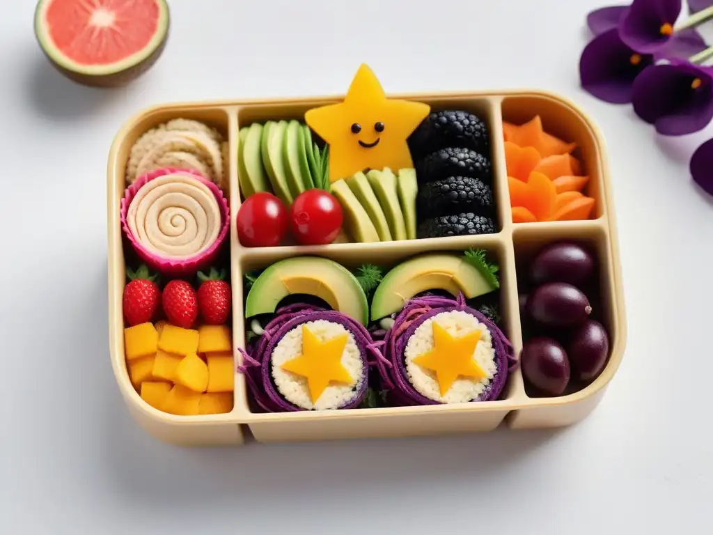 Un menú vegano para niños divertido y colorido con wraps de arcoíris, brochetas de frutas, hummus y sushi de aguacate