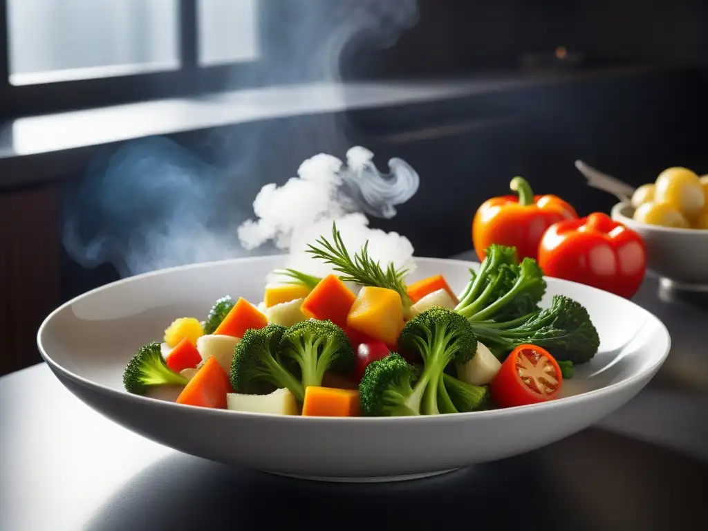 Menús semanales cocina vegana al vapor: Cocina moderna con verduras al vapor vibrantes en elegantes platos blancos