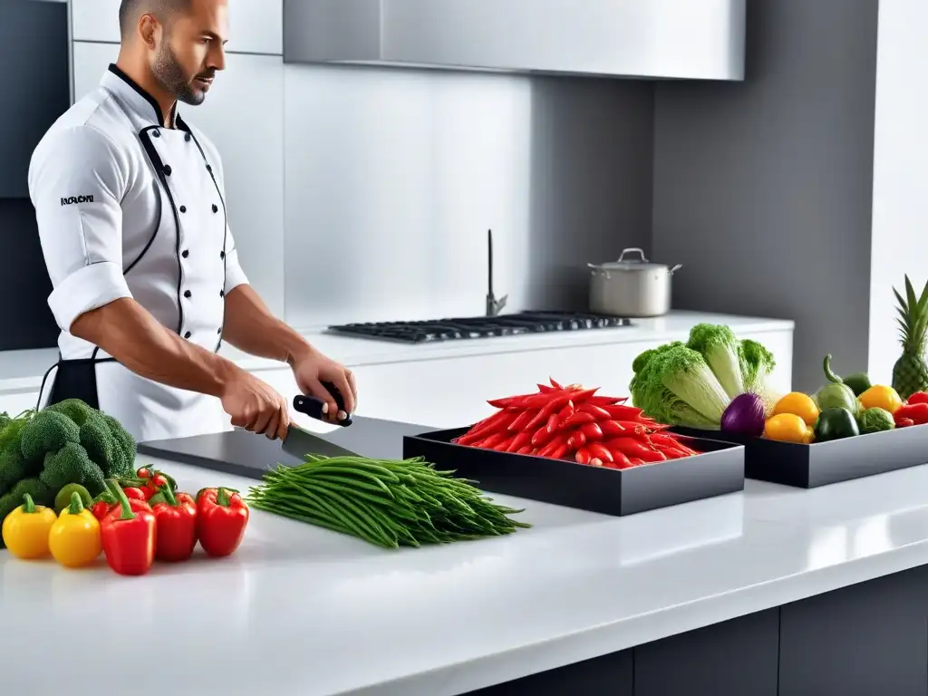 Menús veganos sin gluten planificación: Cocina organizada con vegetales frescos y chef cortando pimiento rojo