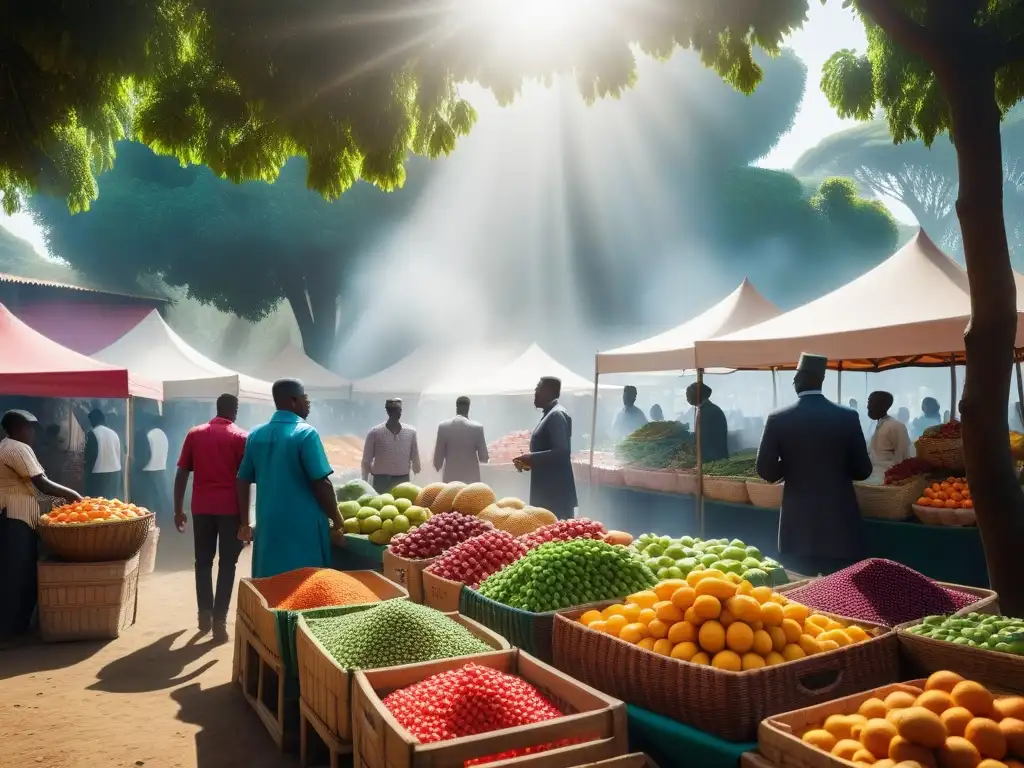 Un mercado africano bullicioso y colorido, lleno de frutas, verduras y especias frescas