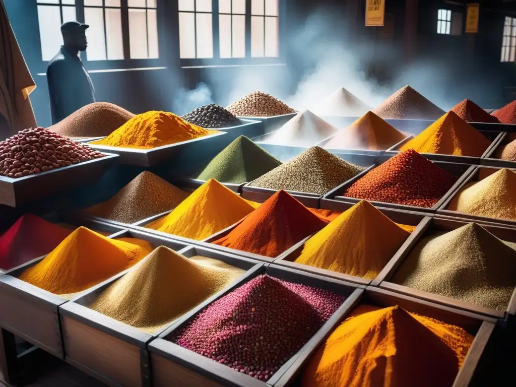 Un mercado africano bullicioso con especias coloridas en mesas de madera bajo la cálida luz solar, reflejando la riqueza cultural de las especias africanas en la cocina vegana