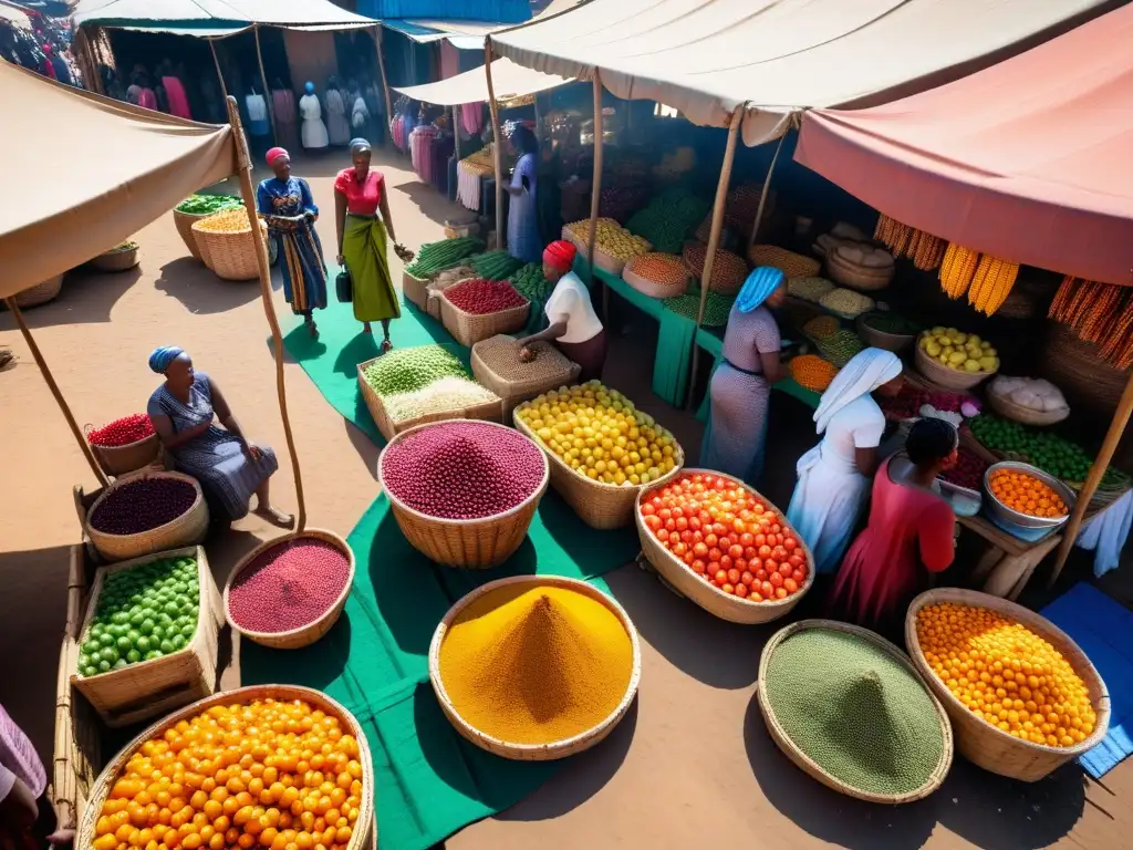 Un mercado africano bullicioso con frutas, verduras y especias coloridas