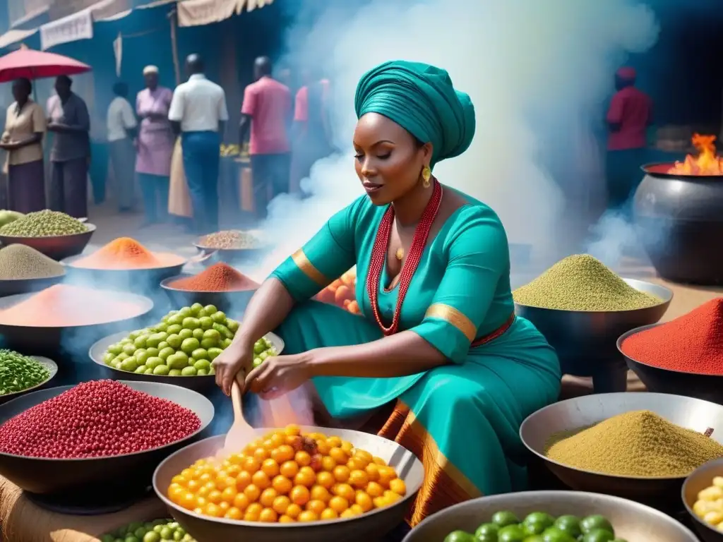 Un mercado africano bullicioso y vibrante con puestos coloridos rebosantes de frutas, verduras y especias frescas