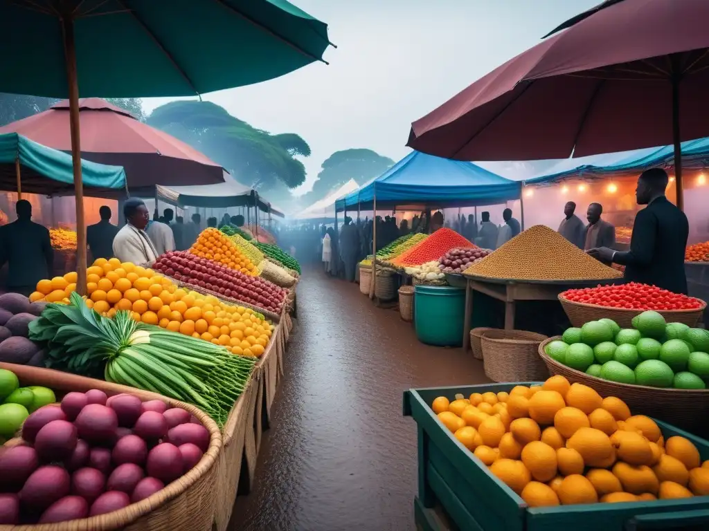 Un mercado africano bullicioso y vibrante lleno de puestos coloridos con frutas y verduras exóticas