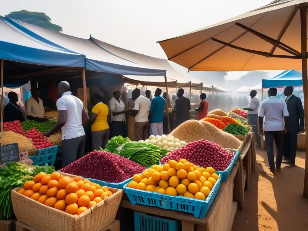 Un mercado africano vibrante con frutas y verduras frescas, tejidos tradicionales y letreros pintados a mano