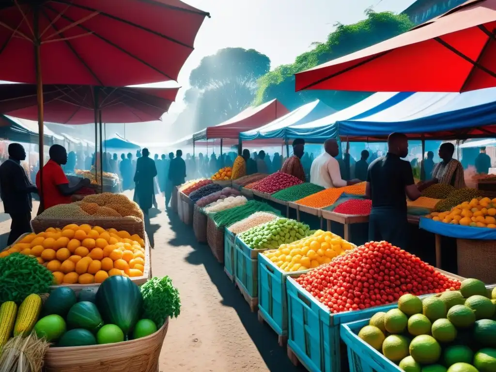 Un mercado africano vibrante con productos veganos y colores tradicionales bajo la luz del sol