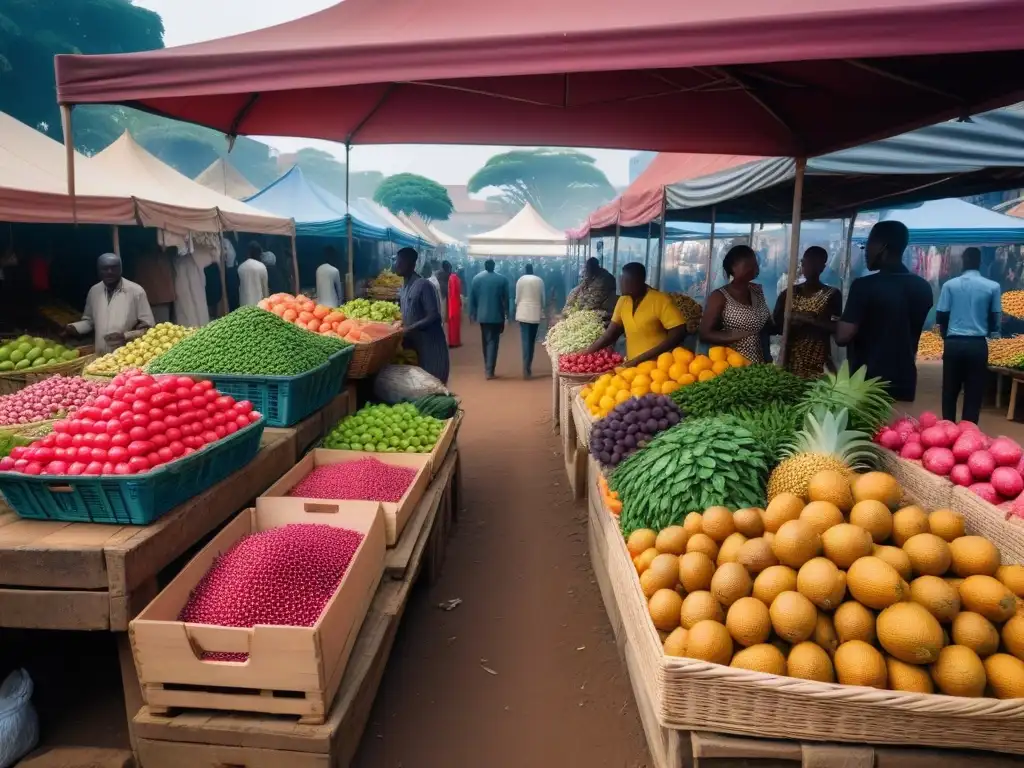 Un mercado africano vibrante con puestos de frutas y verduras coloridas