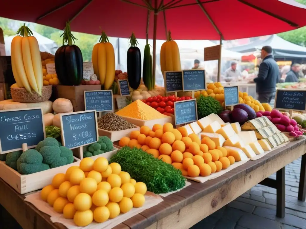 Mercado de agricultores europeo con quesos veganos caseros y coloridas frutas y verduras, creando una atmósfera auténtica y vibrante