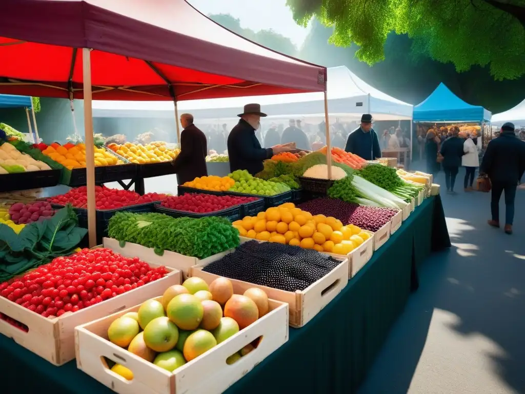 Un mercado de agricultores vibrante y abundante, con frutas y verduras orgánicas