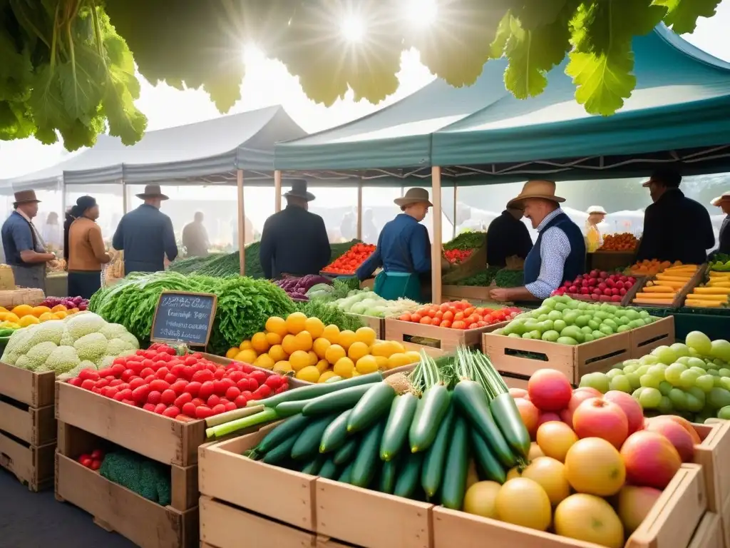 Un mercado de agricultores vibrante y bullicioso con una variedad colorida de frutas y verduras orgánicas bajo un dosel de vegetación fresca