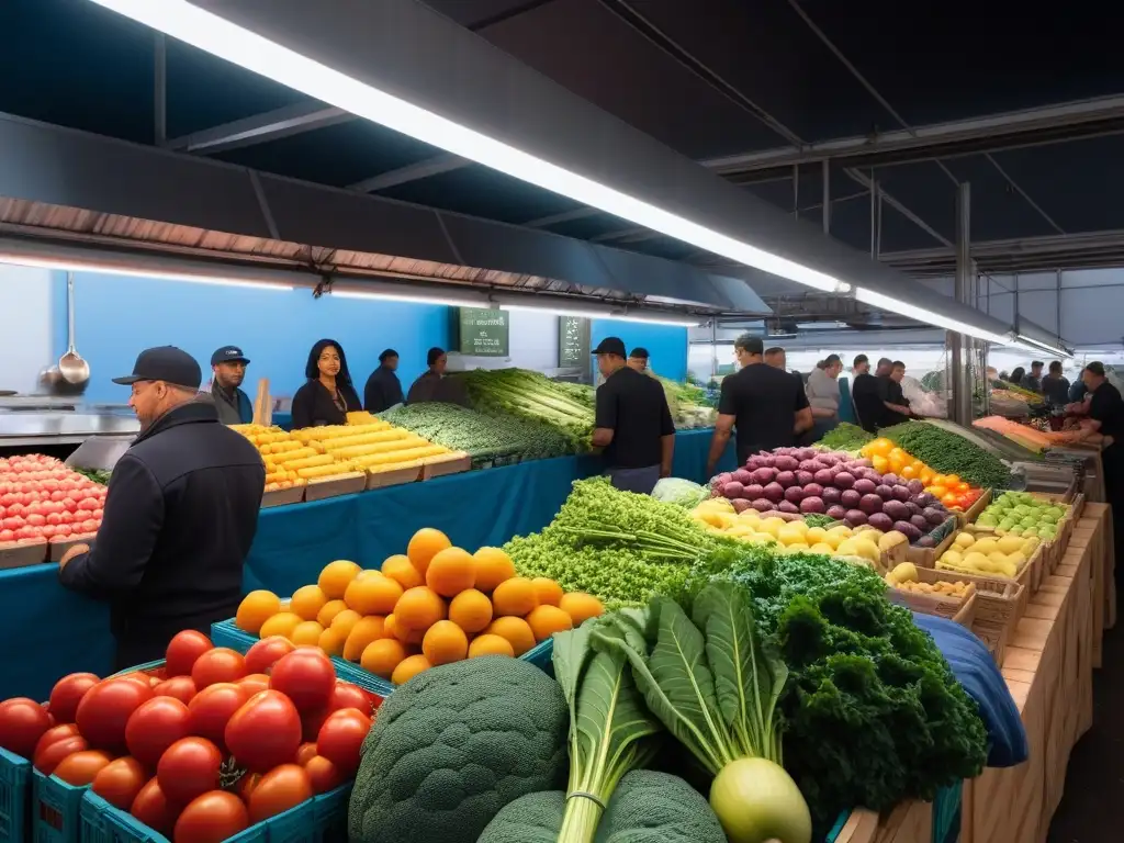 Un mercado de agricultores vibrante y bullicioso, lleno de frutas y verduras orgánicas frescas y coloridas bajo un cielo azul claro