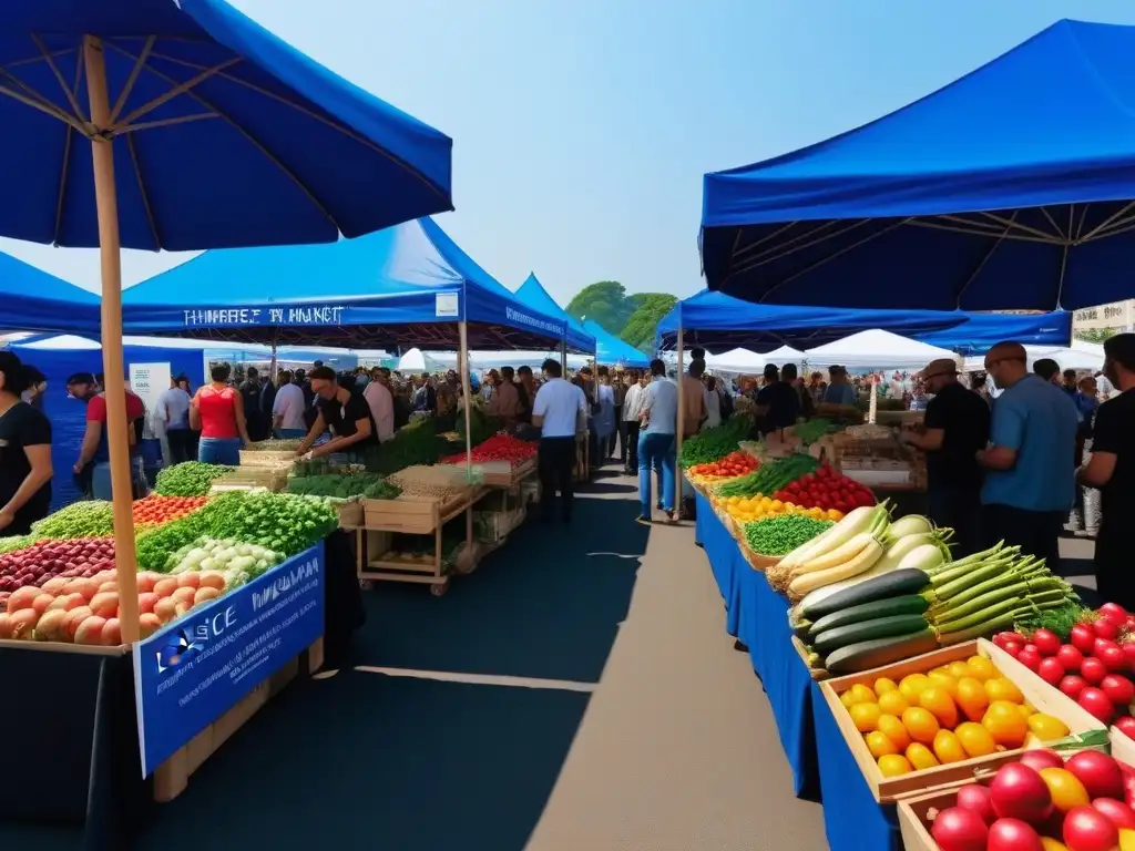 Un mercado de agricultores vibrante y colorido, con una amplia variedad de productos frescos y veganos en puestos de madera bajo un cielo azul