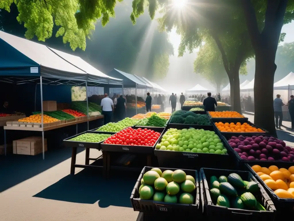 Un mercado de agricultores vibrante y colorido, lleno de vida y sostenibilidad, donde se mezclan culturas y sabores