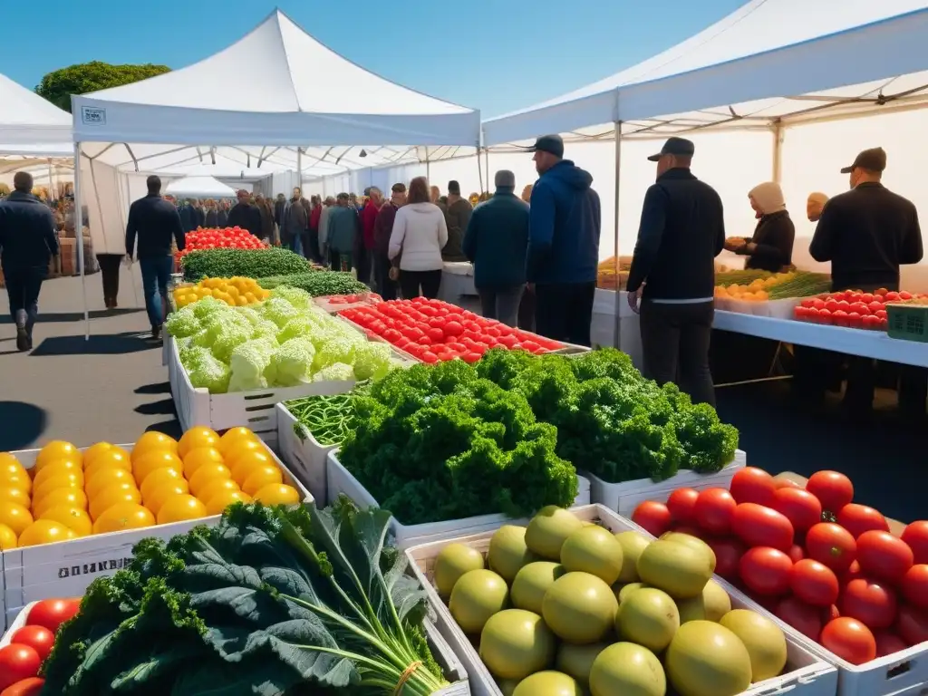 Un mercado de agricultores vibrante y colorido, repleto de productos orgánicos frescos bajo carpas blancas