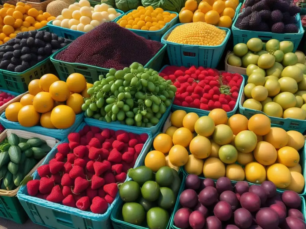 Un mercado de agricultores vibrante y diverso, lleno de frutas y verduras frescas y coloridas, reflejando la nutrición vegana: Mitos desmontados