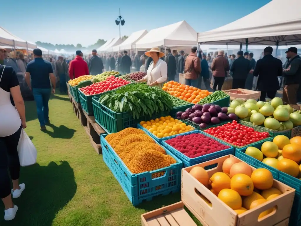 Un mercado de agricultores vibrante y diverso, donde la comunidad disfruta de una cocina vegana sostenible