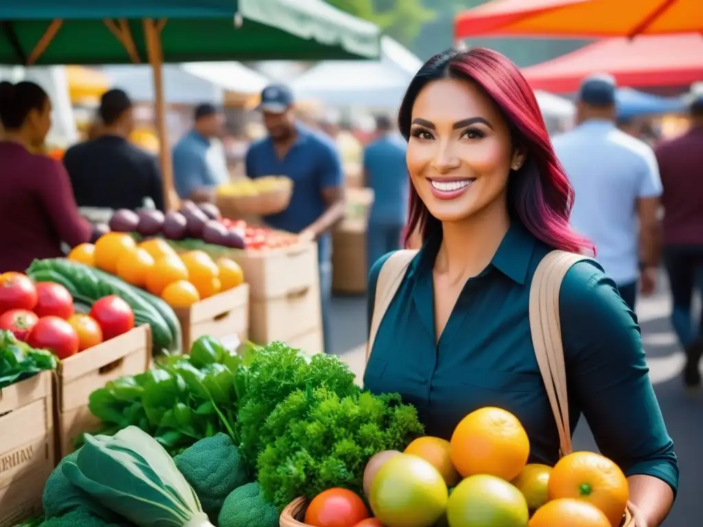 Un mercado de agricultores vibrante y diverso con alimentos orgánicos coloridos y agricultores sonrientes, conectando con clientes diversos