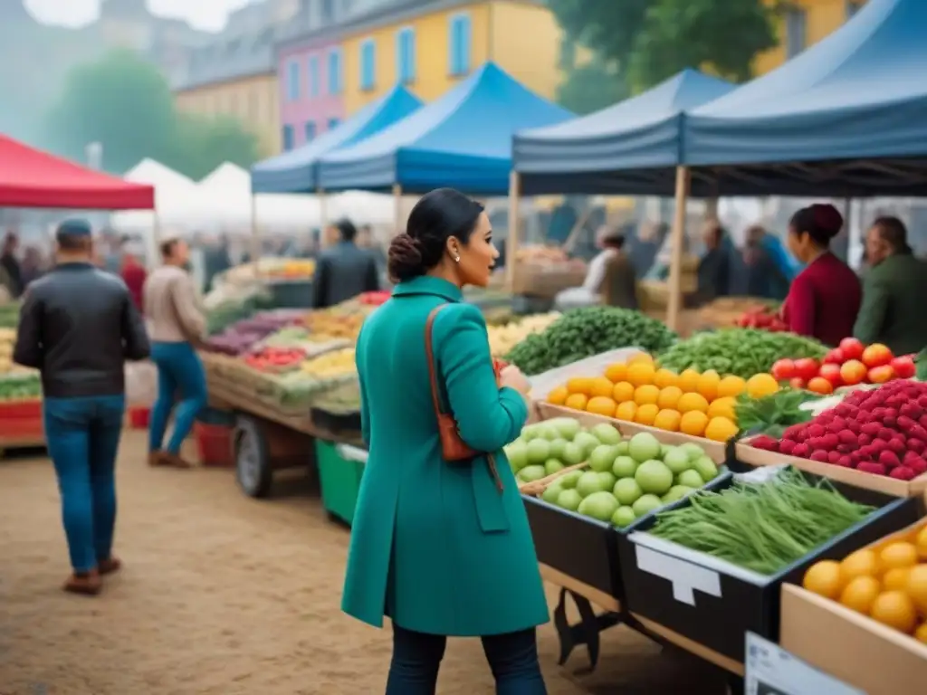 Un mercado de agricultores vibrante con puestos coloridos de frutas y verduras frescas, destacando bayas maduras y frutas exóticas