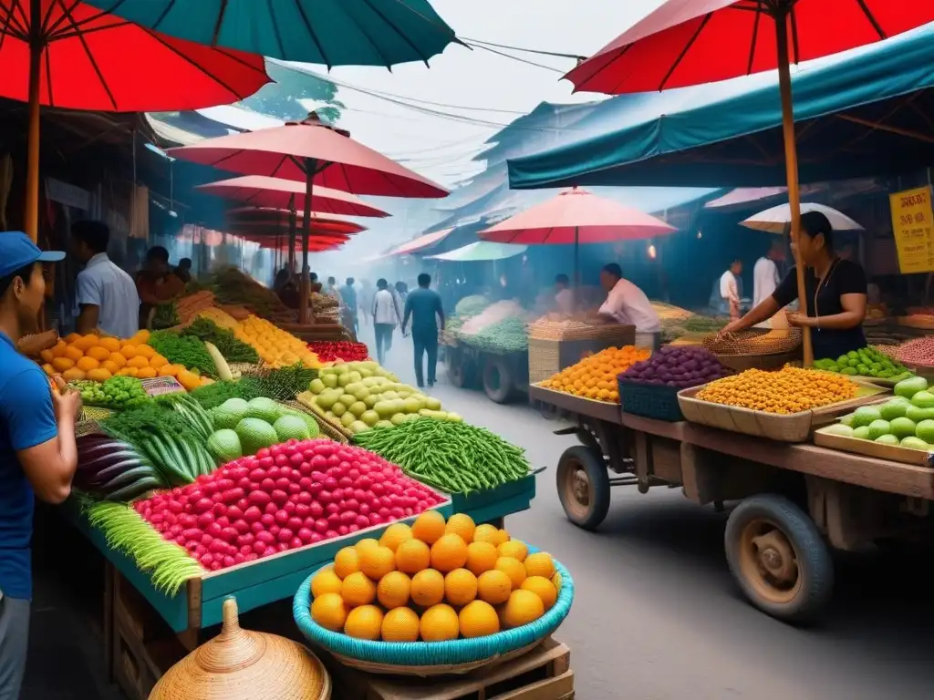 Un mercado al aire libre bullicioso en el sudeste asiático, repleto de frutas y verduras exóticas y coloridas