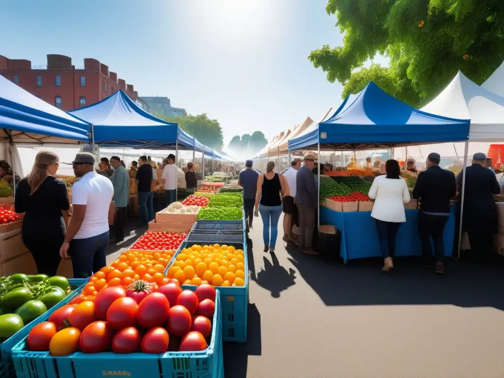 Un mercado al aire libre lleno de vida con ingredientes veganos locales: tomates, verduras, pimientos y frutas