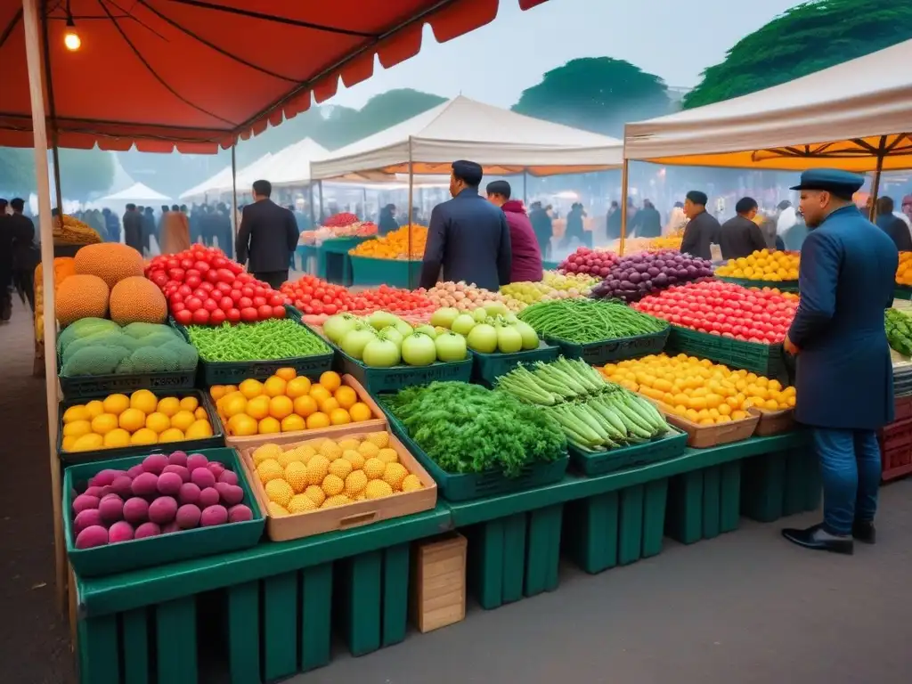 Un mercado al aire libre vibrante y bullicioso en una ciudad culturalmente diversa, con frutas y verduras frescas y coloridas en filas ordenadas, vendedores interactuando entusiastamente con clientes de diversos orígenes