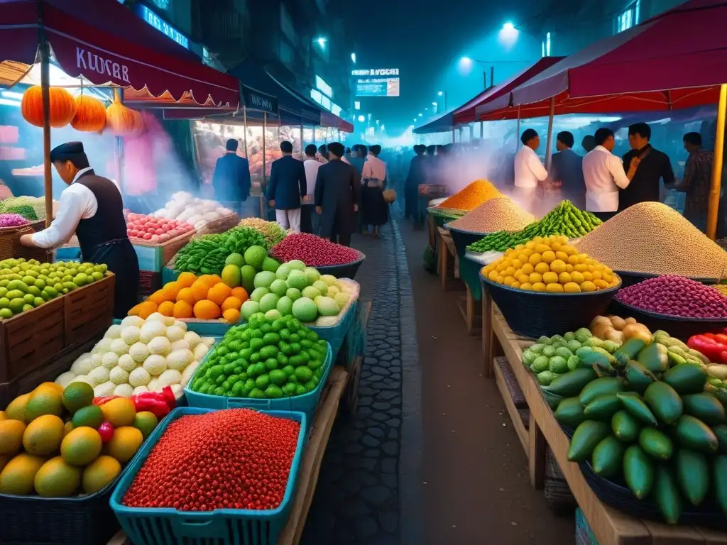 Un mercado de alimentos exóticos en Asia, con ingredientes vibrantes y locales